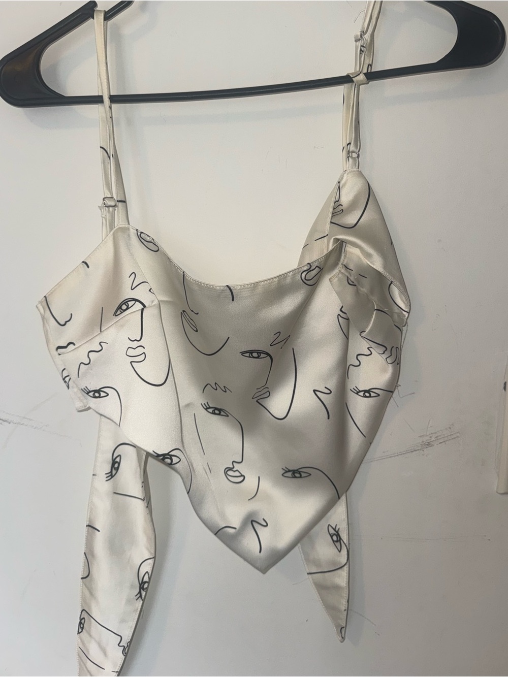 Ivory Satin Abstract Face-Print Handkerchief Cami